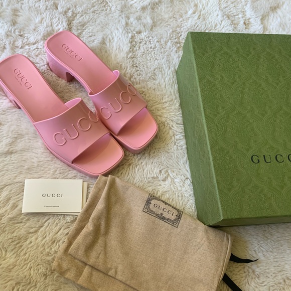New GUCCI Wild Rose Pink Rubber GG Logo Slides Heel Mules Sandals Women’… - Picture 4 of 12